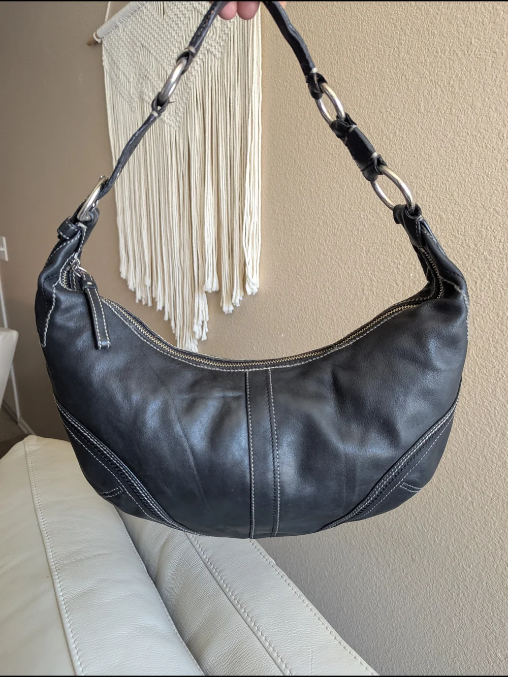 Coach Black Leather Hobo with Contrast Stitching
